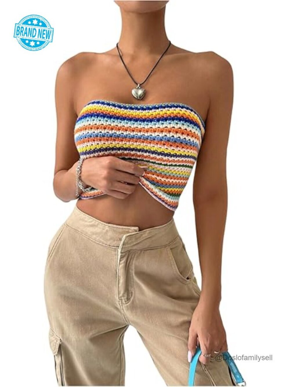Striped Crochet Tube Top Strapless Sleeveless Bandeau Color Block Knit Crop Top